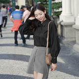 韩国代购2016秋装打底韩版气质灯笼袖黑白衬衫衬衣纯色长袖上衣女