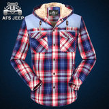 AFS Jeep秋冬男士衬衫加绒加厚大号衬衣吉普连帽保暖英伦格子寸衣