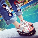 潮流夏季新款韩版女鞋镂空厚底短靴松糕底坡跟内增高鱼嘴凉时尚