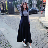 新款韩版2016半身裙女装春夏季黑色修身显瘦高腰半身长裙背带裙子