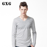 GXG男装[特惠]秋季新款打底衫 男士时尚休闲V领印花长袖T恤