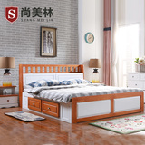 全实木床 美式乡村地中海储物床1.5m1.8米 北欧式简约现代白色床