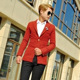 2015秋冬羊毛绒修身韩版男式西装中长款男士桔红色潮男风衣外套男