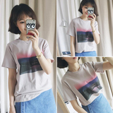 2016夏季女装韩版新品BF学院风显瘦印花字母休闲拼色水洗短袖T恤