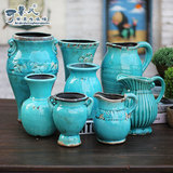 地中海蓝色花瓶摆件复古做旧陶瓷美式花器陶艺家居客厅插花装饰品