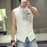 夏季韩版修身无袖立领男衬衫青少年潮流日系印花衬衣亚麻透气寸衫