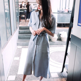 卡贝琳2016夏装新品韩国女侧开叉双口袋衬衫领中袖高腰连衣裙长裙