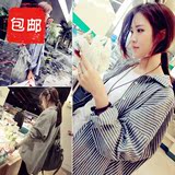 2016春季新款韩版BF风宽松条纹口袋棉质衬衫中长款长袖外套衬衣女