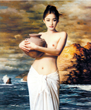 大型人体美女抱花瓶经典手绘油画背景装饰画3d壁画壁纸无纺布墙纸
