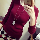 韩版2016春秋季薄款毛衣女套头针织打底衫长袖纯色修身螺纹羊毛衫
