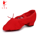 红舞鞋新款帆布教师鞋带跟成人舞蹈鞋现代舞爵士鞋软底练功鞋1019
