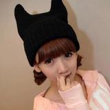 韩国版秋冬季时尚可爱牛角帽子 女 冬 恶魔猫耳朵帽子 针织毛线帽