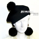1950's Beret Hat复古贝雷帽黑色兔毛毛球装饰帽子文艺小清新冬季