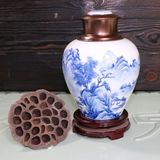 景德镇陶瓷手绘青花山水梅瓶合金盖双层密封式茶叶罐储物罐
