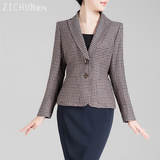紫纯 2015新款女式格子小西装春秋 气质修身长袖通勤短款休闲外套
