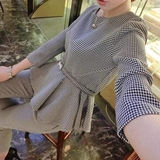 2016韩版夏季女装衣服名媛气质小香风套装时尚九分裤千鸟格两件套