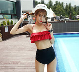 韩版新款双层小荷叶边高腰女泳衣遮肚显瘦沙滩温泉度假比基尼