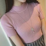 2016春装韩版修身套头短袖针织衫女半高领纯色打底衫弹力半袖上衣
