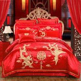 高档婚庆四件套大红刺绣结婚床上用品纯棉绣花六八十多件套