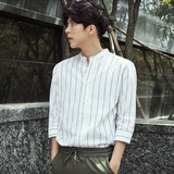 夏季韩国代购男装衬衣韩版时尚立领条纹修身休闲潮男士七分袖衬衫