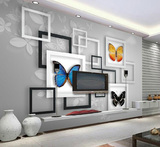 现代简约电视客厅背景墙壁纸3D立体效果背景墙格子蝴蝶黑白框壁画