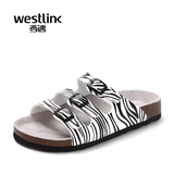 Westlink西遇2016夏季新款斑马纹一字型软木拖女凉拖鞋女士沙滩拖