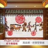 皮影戏复古屋檐剪纸福寿中国风大型壁画中式客厅餐厅酒店壁纸墙纸