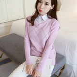 2016韩版春秋新款衬衫领菱形针织衫纯长袖百搭毛衣外套假两件女装