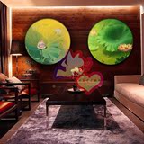 中式客厅圆形画荷塘荷花鲤鱼油画 现代两联套沙发背景墙装饰画