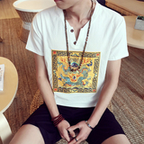 中国风刺绣龙袍亚麻T恤夏装新款棉麻大码短袖T恤衫男修身个性半袖