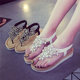 人气韩版夏季女鞋水钻平底花朵舒适夹趾松糕底波西米亚软底沙滩鞋