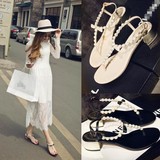 韩国2016夏新款小香风珍珠夹脚中粗跟水钻夹趾波西米亚罗马凉鞋女