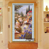 手绘油画欧式玄关装饰画竖版单幅走廊过道挂画壁画简欧花园景风景