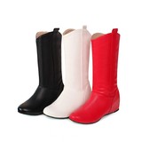 黑白大红色中跟内增高坡跟套筒春秋冬季女皮鞋中筒靴时尚舒适简约