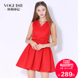 时尚印记2016春装新款女装加厚保暖蝴蝶结伞裙打底红色打底连衣裙