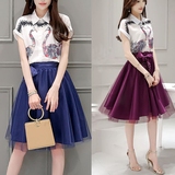 2016新款夏季女中裙韩版高腰短袖套裙中长款两件套a型套装连衣裙