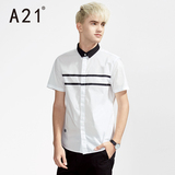 A21短袖衬衫男 夏季青年修身条纹衣服 男士休闲纯棉白半袖衬衣潮