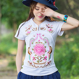 中国风女装 2016春款民族风短袖T恤女 立领绣花大码修身打底上衣