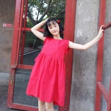 夏季女装日系软妹小清新复古红色无袖连衣裙韩版宽松娃娃短裙学生