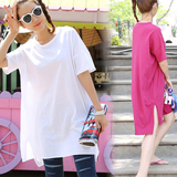 2016夏装新款韩版纯色开叉大码宽松长款短袖白色t恤女韩范体恤裙