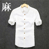 夏季韩版七分袖亚麻男士短袖衬衫型男潮流棉麻白衬衫休闲修身衬衣