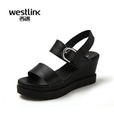Westlink/西遇2016夏季新款 真皮圆头一字带坡跟凉鞋高跟女单鞋ZG