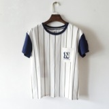 外贸原单原创品牌NYC条纹T恤棒球服女式纯棉T恤学院风