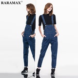 RARAMAX欧美新款春季高腰牛仔背带裤女长裤学院风宽松牛仔裤显瘦