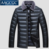 AAGCGC 冬新款男士PU皮羽绒服翻领中年短款纯色加厚外套9603