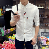 夏季白色五分袖衬衫男韩版修身白色亚麻衬衣休闲潮男装短袖上衣