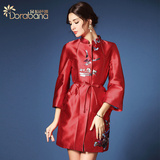 朵拉芭娜2015秋装新款 高端复古刺绣系带中长款风衣女外套七分袖