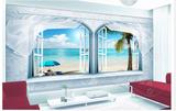 大型墙纸壁画3D风景窗户蓝天大海沙滩海岸棕榈树三亚海景背景墙