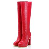 莱蒙尼尔 春秋女长靴 粗跟红色牛皮单靴子 高跟防水台冬季及膝靴