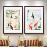 进门挂画竖版装饰画风水画鱼三联家庭室内客厅中式中国风带框壁画